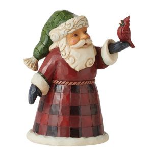Heartwood Creek Plaid Santa Holding Bird Pint Sized Figurine