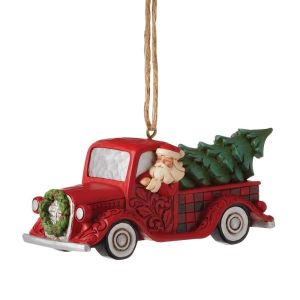 Jim Shore Heartwood Creek Highland Glen Santa in a Red Truck Hanging Ornament
