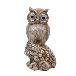 Terracotta Owl On Branch Ornament with Solar Light Eyes